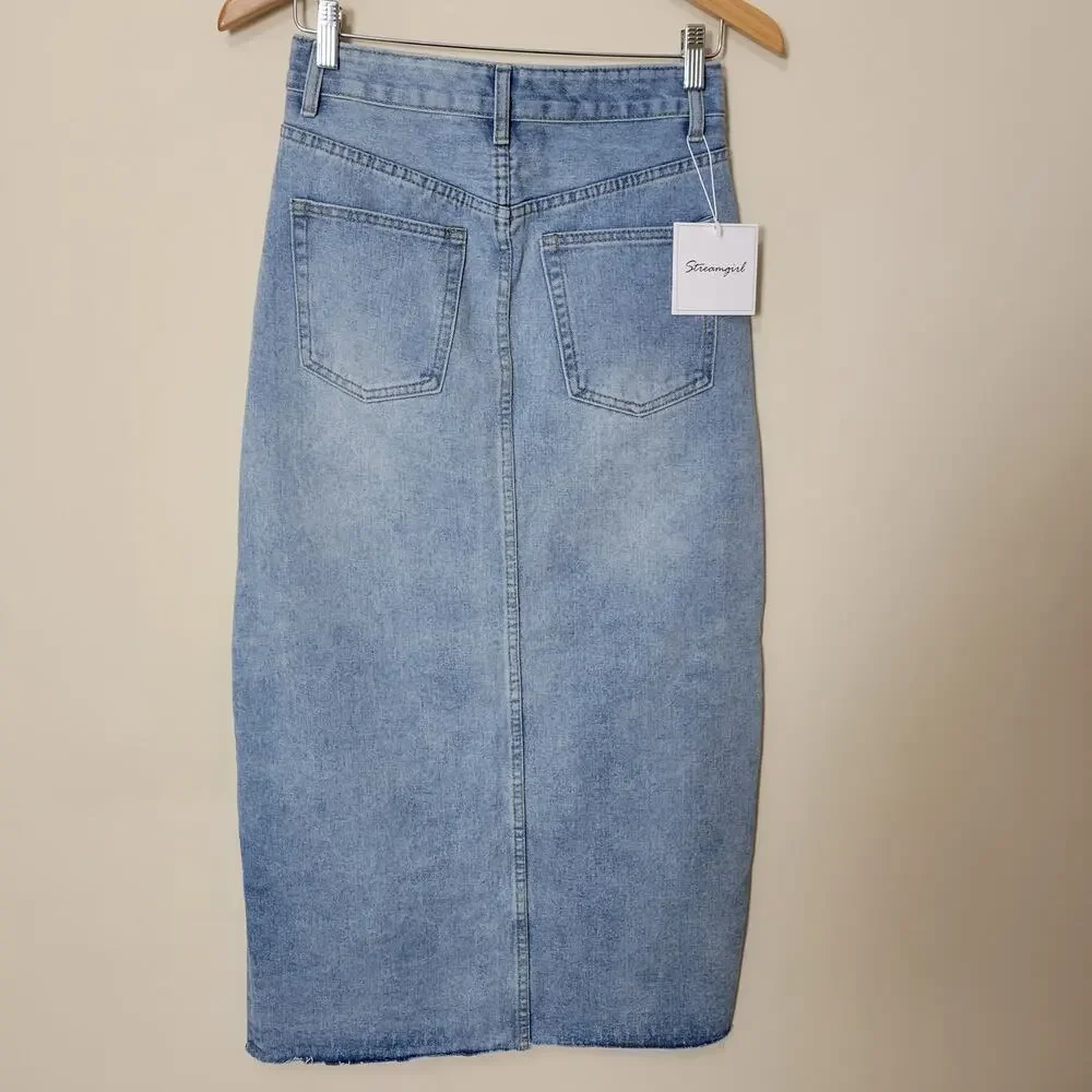 NWT W.Studio Streamgirl M Denim Pencil Straight Maxi Skirt High Front Slit